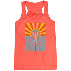 Coral tank top with sunset lacrosse design on a white background