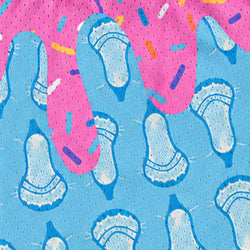 A close-up of a fabric pattern featuring light blue high heels and dripping pink frosting with colorful sprinkles on a light blue mesh-like background.