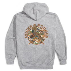 A heather gray pullover hoodie shown from the back, featuring a large circular graphic with the words 'Ducks & Dodges' around a crossed lacrosse stick and duck illustration over a camouflage pattern.