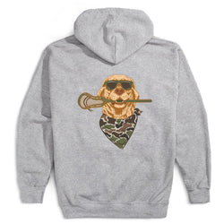 A light heather gray hoodie shown from the back, featuring a graphic of a golden retriever wearing sunglasses and a camouflage bandana, holding a lacrosse stick.