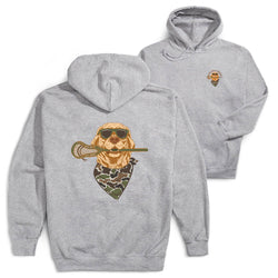 Two heather gray hoodies shown on a white background, with the front and back views overlapping. The back hoodie features a large graphic of a dog wearing sunglasses and a camouflage bandana, holding a lacrosse stick.