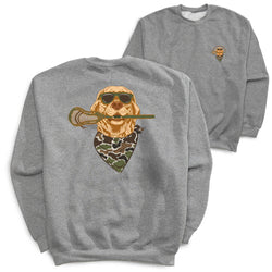 Two heather gray crewneck sweatshirts shown on a white background, with the front view in front and the back view behind. The back sweatshirt features a large graphic of a golden retriever wearing sunglasses and a camouflage bandana while holding a lacrosse stick.