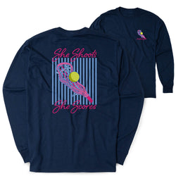 A navy blue long-sleeve t-shirt shown from both the front and back. The back features a colorful graphic with pink text reading 'She Shoots The Scores', a pink lacrosse stick, a yellow ball, and light blue vertical stripes.