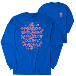 Two royal blue long-sleeve t-shirts shown on a white background, with the front and back views overlapping. The back shirt features a large retro-style graphic with the text 'HARD WORK BEATS TALENT WHEN TALENT DOESN'T WORK HARD' in pink and orange lettering, surrounded by stars and lacrosse sticks.