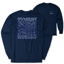 A navy blue long-sleeve t-shirt shown from both the back and front. The back features a large graphic with crossed lacrosse sticks and the text 'NO DAYS OFF' repeated in a light blue pattern.
