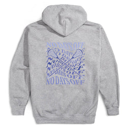 A heather gray hoodie shown from the back, featuring a blue graphic print of crossed lacrosse sticks and the text 'NO DAY OFF' repeated in a layered design.