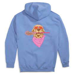 Carolina blue hooded sweatshirt with a design on the back of a golden retriever wearing pink sunglasses, a bandana and holding a lacrosse stick.