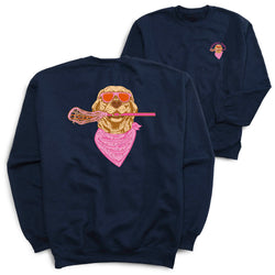 Navy blue sweatshirt with a dog graphic on the back, featuring a pink bandana and sunglasses with a lacrosse stick.