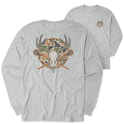 A heather gray long-sleeve t-shirt shown from both the back and front. The back features a large graphic of a deer skull with antlers, crossed lacrosse sticks, and a camouflage circular background.