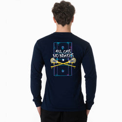 A man viewed from behind wearing a navy blue long-sleeve t-shirt with a colorful graphic on the back. The graphic features a lacrosse theme with crossed sticks, a ball, and the text 'ALL GAS NO BRAKES' in white.
