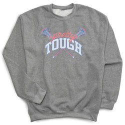 A heather gray crewneck sweatshirt featuring a graphic on the chest with crossed lacrosse sticks and the text 'pretty TOUGH' in pink and white, displayed on a clean white background.