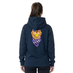 Navy blue hoodie with a pickleball graphic and bandana on the back, worn by a person.