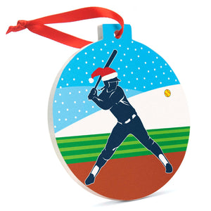Softball Round Ceramic Ornament - Silhouette with Santa Hat
