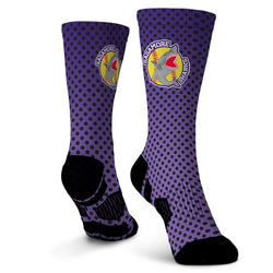 Purple polka dot socks with a logo on a white background