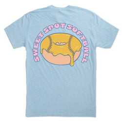 Light blue t-shirt with 'Sweet Spot Softball' graphic on a white background