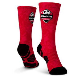 Red socks with black accents and a logo on a white background