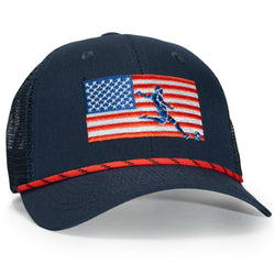 Navy blue cap with American flag design and silhouette of a person playing soccer on a white background