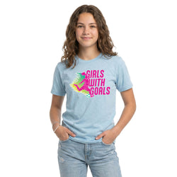 Person wearing a light blue t-shirt with 'Girls with Goals' graphic design on a white background
