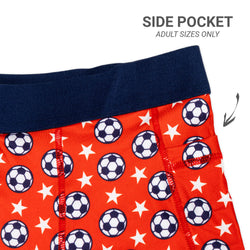Shorts with soccer ball and star pattern, navy waistband, side pocket label.
