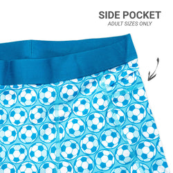 Shorts with soccer ball pattern and side pocket feature on a white background