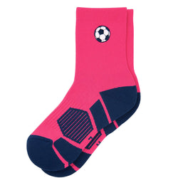 A pair of pink and navy blue crew socks with a soccer ball graphic on the ankle, displayed on a light gray background.