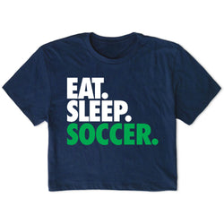 Navy blue t-shirt with 'Eat. Sleep. Soccer.' text on a white background