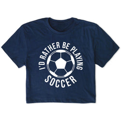 Navy blue t-shirt with soccer ball graphic and text on a white background