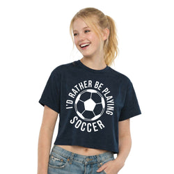 Girl wearing a navy blue t-shirt with 'I'd Rather Be Playing Soccer' text and soccer ball graphic on a white background