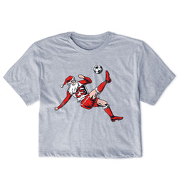 Gray t-shirt with a graphic of Santa Claus playing soccer on a white background