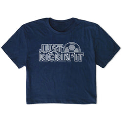 Navy blue t-shirt with 'Just Kickin' It' text design on a white background