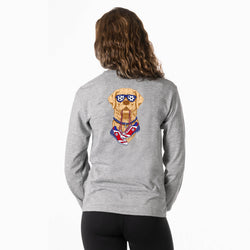 Person wearing a gray long sleeve with a soccer dog graphic design on the back, featuring an American flag-themed illustration.