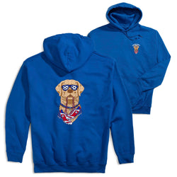Blue hoodie with a soccer dog graphic on the front and back, displayed on a white background.