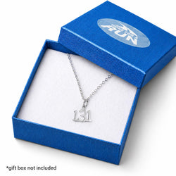 A silver necklace with a '131' pendant displayed inside an open blue gift box with a white insert. The gift box lid has a logo that reads 'Gone For A Run'.