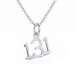 A silver necklace with a polished '131' number pendant on a clean white background.
