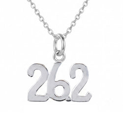 A silver necklace featuring a pendant shaped like the numbers '26.2', shown on a clean white background.