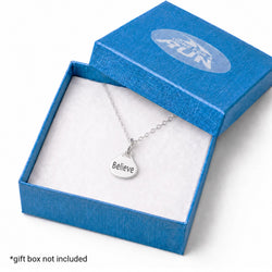 A silver pendant necklace with the word 'Believe' engraved on a small teardrop-shaped charm, displayed inside an open textured blue gift box with a white insert. The lid of the box is propped behind, showing a circular logo that reads 'GONE FOR A RUN'.