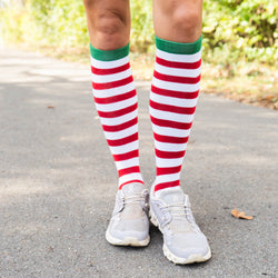 Woven Yakety Yak! Knee High Socks - Running Christmas Elf (Red & White Stripes/Green)