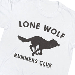 White short-sleeve crewneck t-shirt featuring a distressed black graphic of a running wolf with a person inside, and the text 'LONE WOLF RUNNERS CLUB'.