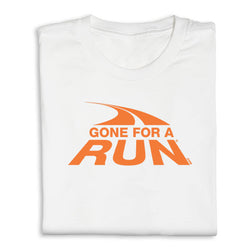 White t-shirt with orange 'Gone for a Run' graphic on a white background