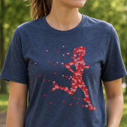 A woman wearing a heather navy blue short-sleeve t-shirt with a graphic of a running silhouette made of red and pink hearts, set against a blurred green outdoor background.