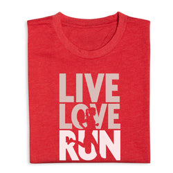 Red t-shirt with 'Live Love Run' text on a white background