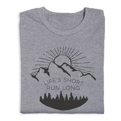 Gray t-shirt with mountain and sun design and 'Life's Short, Run Long' text on a white background