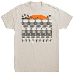 Beige t-shirt with a graphic of a sunset, palm trees, and wavy lines on a white background