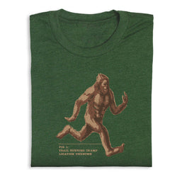 Green t-shirt with a brown graphic of a running creature on a white background