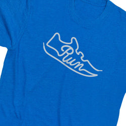 A close-up of a heather royal blue t-shirt featuring a white minimalist outline graphic of a sneaker with the word 'Run' written across it.