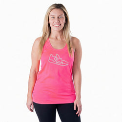 Woman wearing a pink tank top with a run shoe logo on a white background