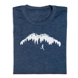 Navy Blue t-shirt with white mountain and runner graphic on a white background