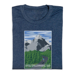 Navy Blue t-shirt with a mountain and forest graphic and text on a white background