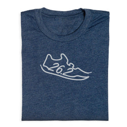 Folded navy blue t-shirt with a white running shoe graphic and '26.2' text on a white background