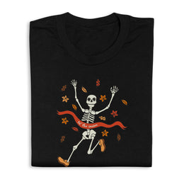 Black t-shirt with a skeleton design and text on a white background